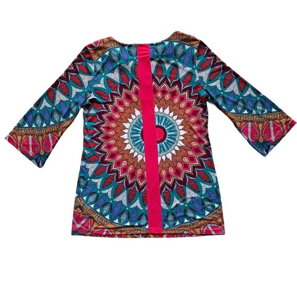 Nicole by Nicole Miller Red Green Bohemian Tropical Tunic 3/4 Sleeve Size Medium - Picture 2 of 6